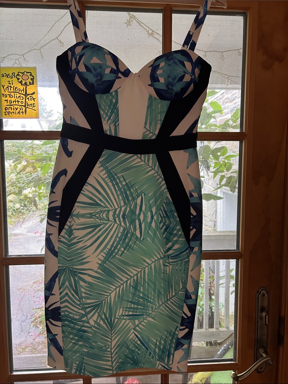 Tropical Palm-Print Midi Dress with Black Contrast Panels